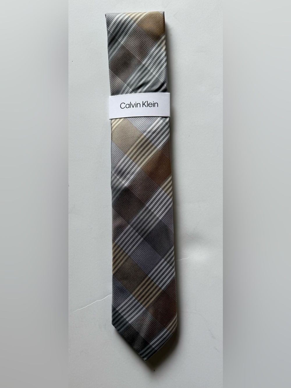 Calvin Klein Men's Brown & Gray Plaid Polyester/ Silk Tie w/Subtle Cream Accents